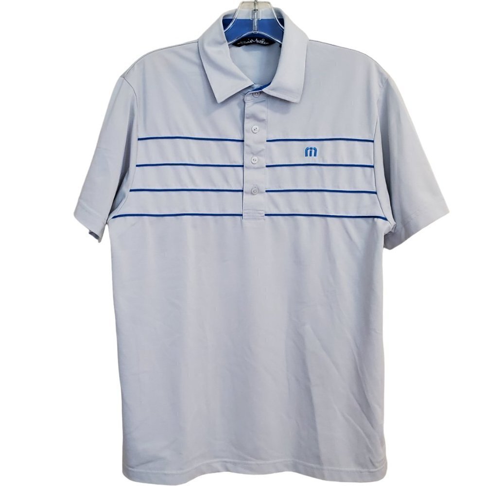 TRAVIS MATHEW‎ Mens Medium Light Gray/Blue Striped Polo Shirt Golf Casual Office